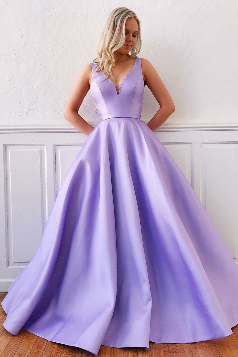 Simple purple satin long prom dress ...